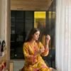 Yellow floral Farshi Salwar Suit with printed Natural Crepe top and Farshi pant