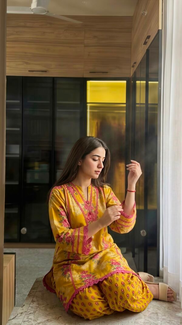 Yellow floral Farshi Salwar Suit with printed Natural Crepe top and Farshi pant