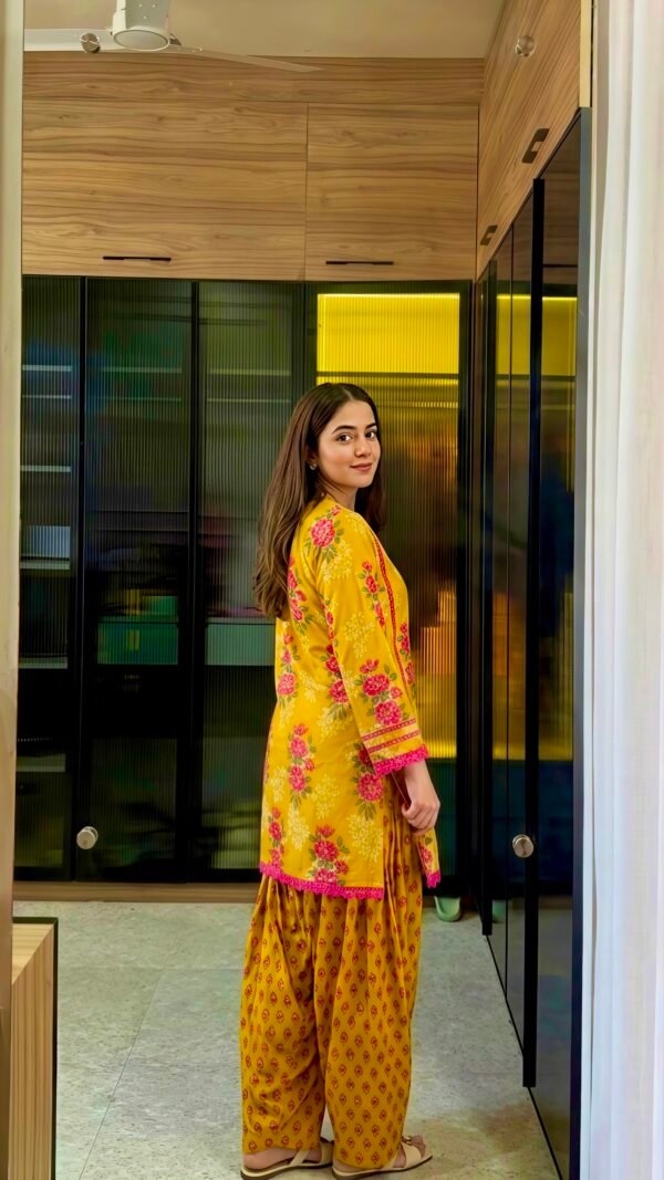 Yellow floral Farshi Salwar Suit with printed Natural Crepe top and Farshi pant