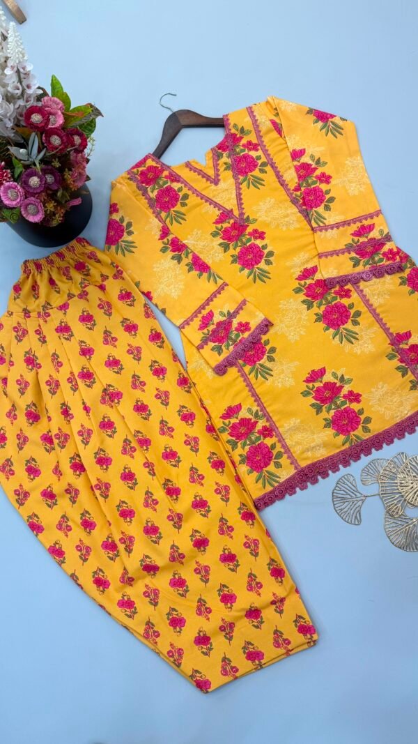 Yellow floral Farshi Salwar Suit with printed Natural Crepe top and Farshi pant