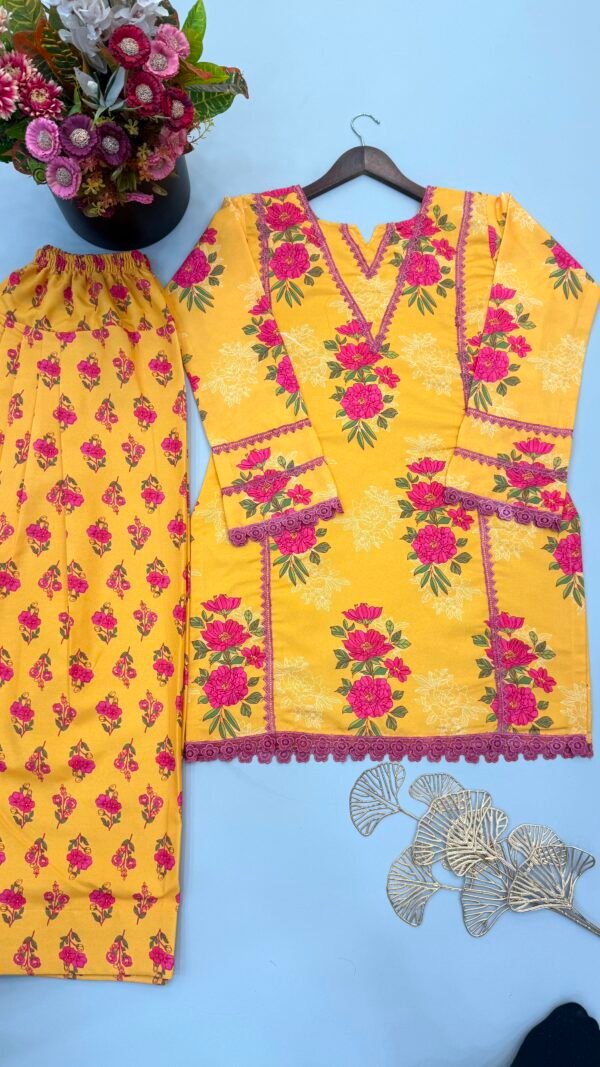 Yellow floral Farshi Salwar Suit with printed Natural Crepe top and Farshi pant