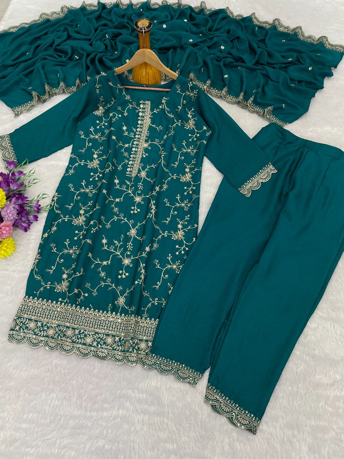 Green readymade Pakistani suit for women with Heavy Blooming Chinon Silk, sequence embroidery and dupatta
