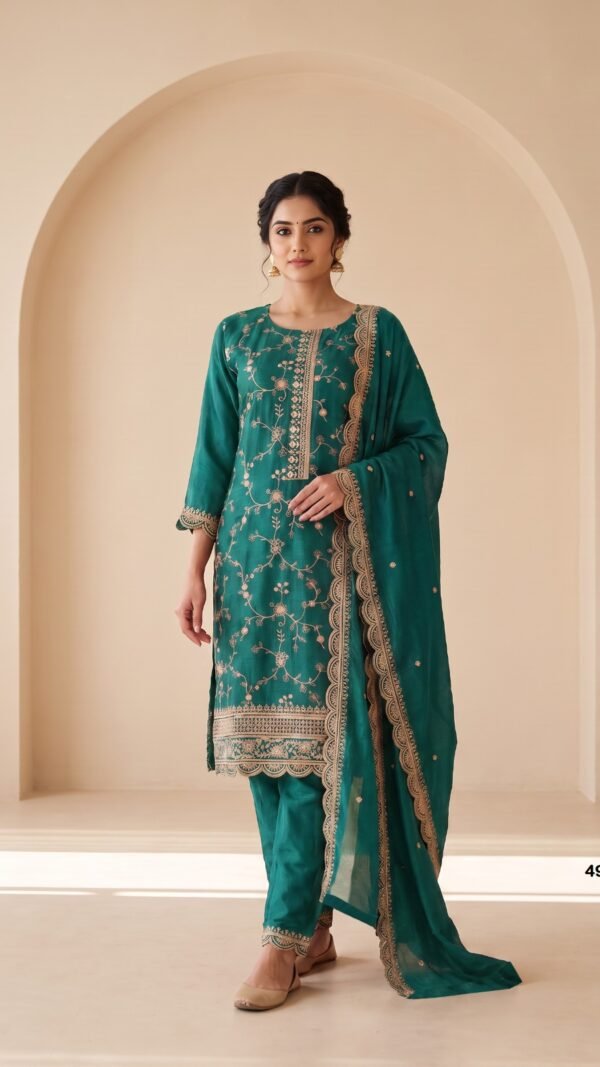 Green readymade Pakistani suit for women with Heavy Blooming Chinon Silk, sequence embroidery and dupatta
