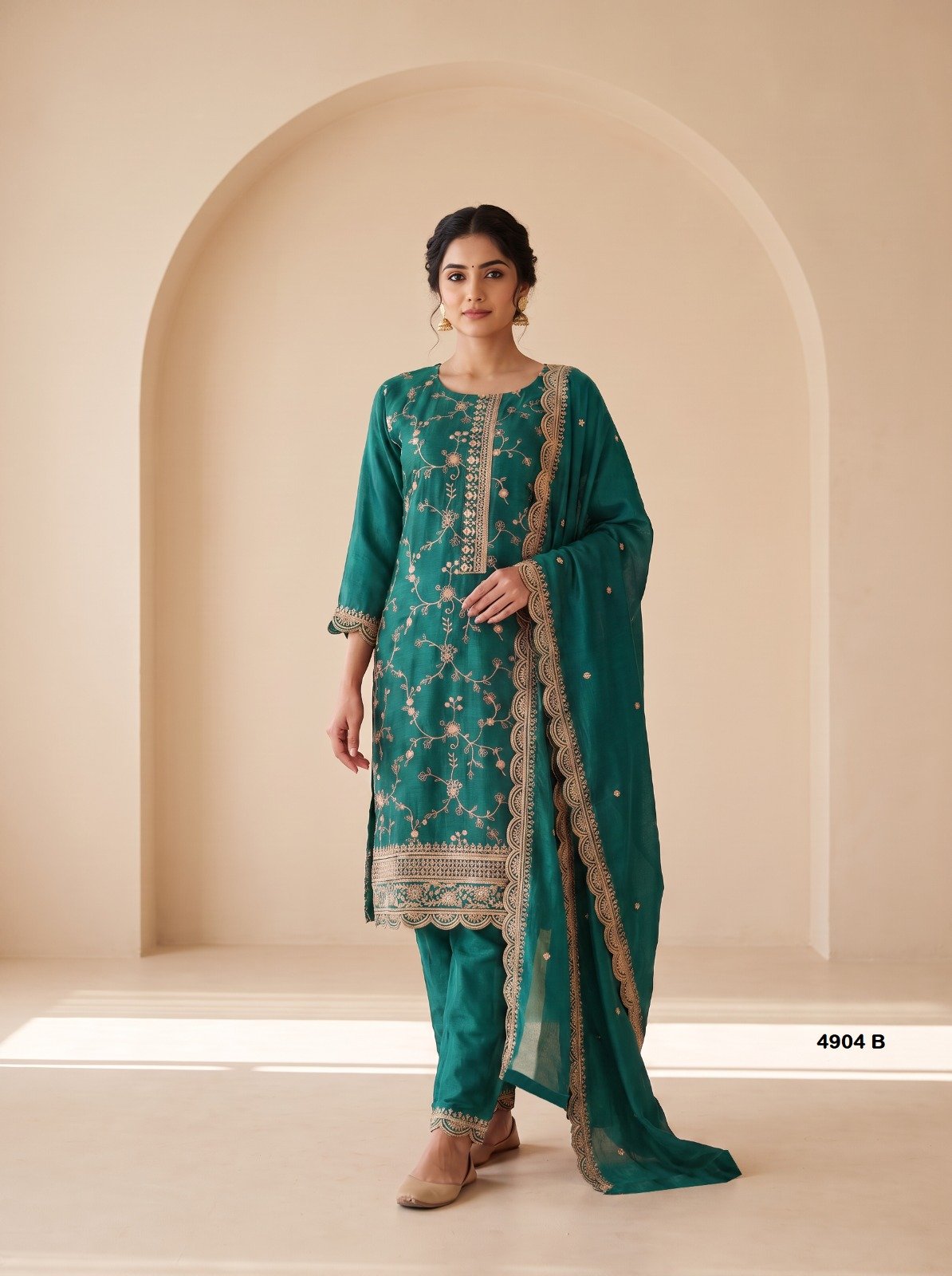Green readymade Pakistani suit for women with Heavy Blooming Chinon Silk, sequence embroidery and dupatta
