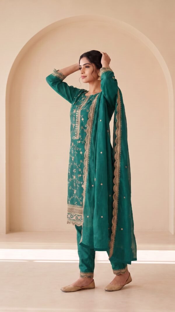 Green readymade Pakistani suit for women with Heavy Blooming Chinon Silk, sequence embroidery and dupatta