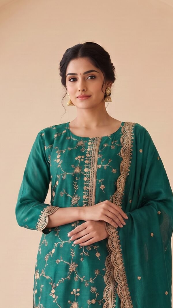Green readymade Pakistani suit for women with Heavy Blooming Chinon Silk, sequence embroidery and dupatta