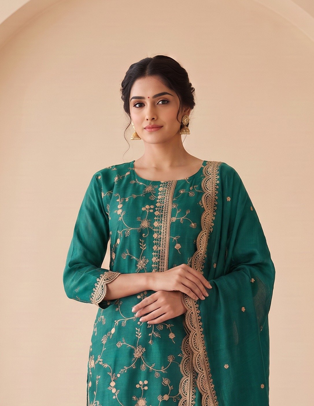 Green readymade Pakistani suit for women with Heavy Blooming Chinon Silk, sequence embroidery and dupatta