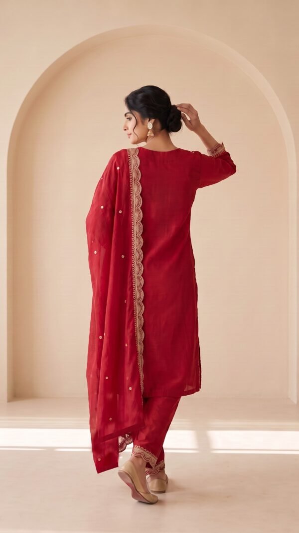 Red readymade Pakistani suit for women with Heavy Blooming Chinon Silk, sequence embroidery and dupatta