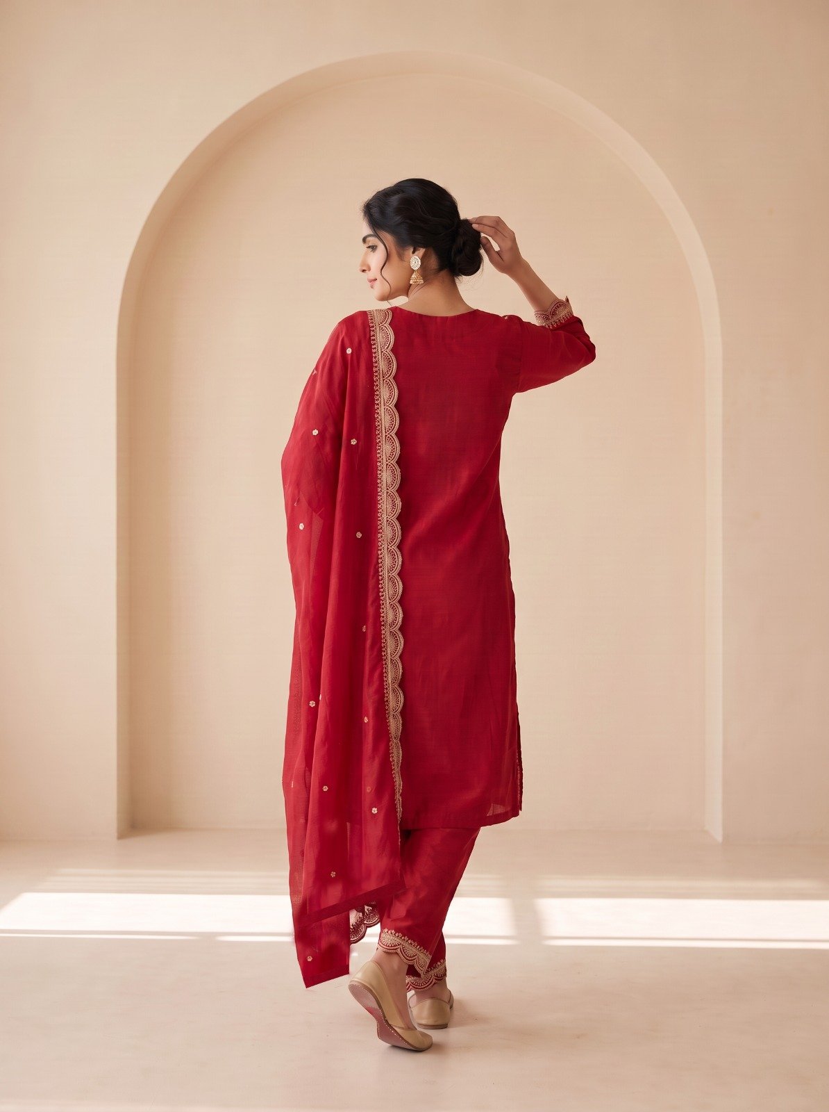 Red readymade Pakistani suit for women with Heavy Blooming Chinon Silk, sequence embroidery and dupatta