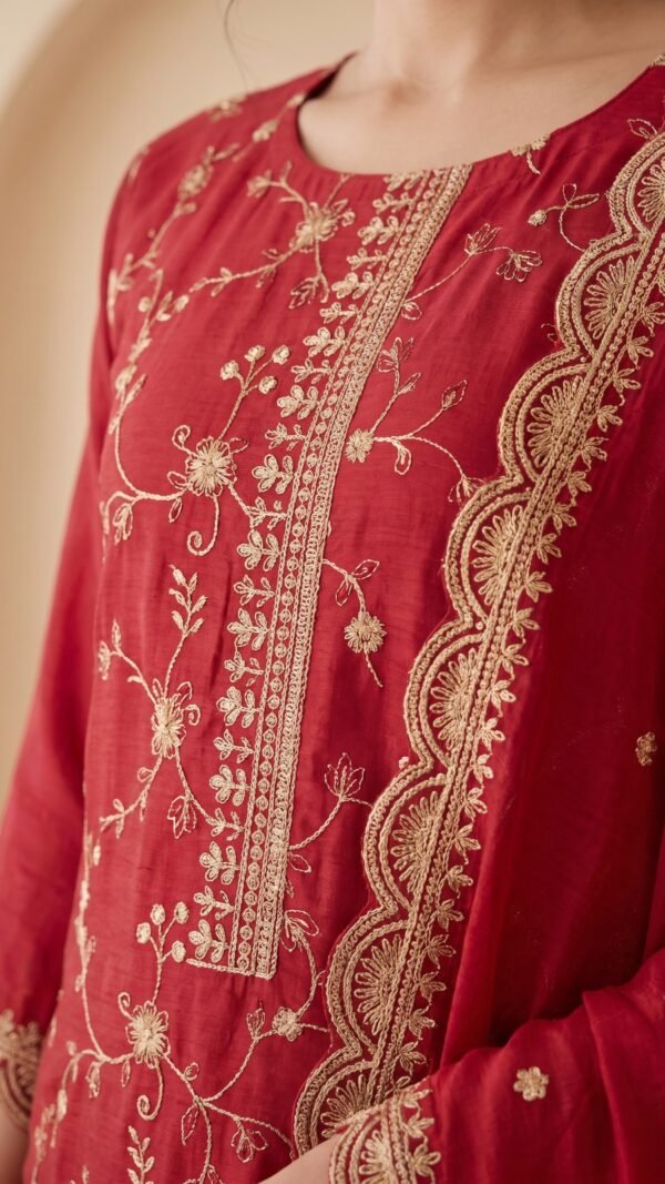 Red readymade Pakistani suit for women with Heavy Blooming Chinon Silk, sequence embroidery and dupatta