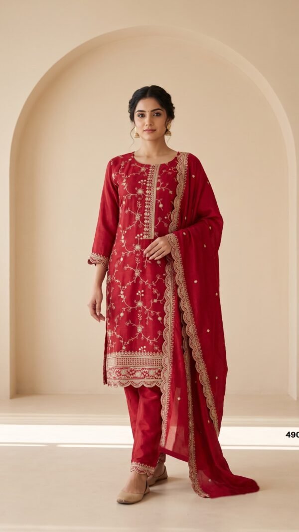 Red readymade Pakistani suit for women with Heavy Blooming Chinon Silk, sequence embroidery and dupatta