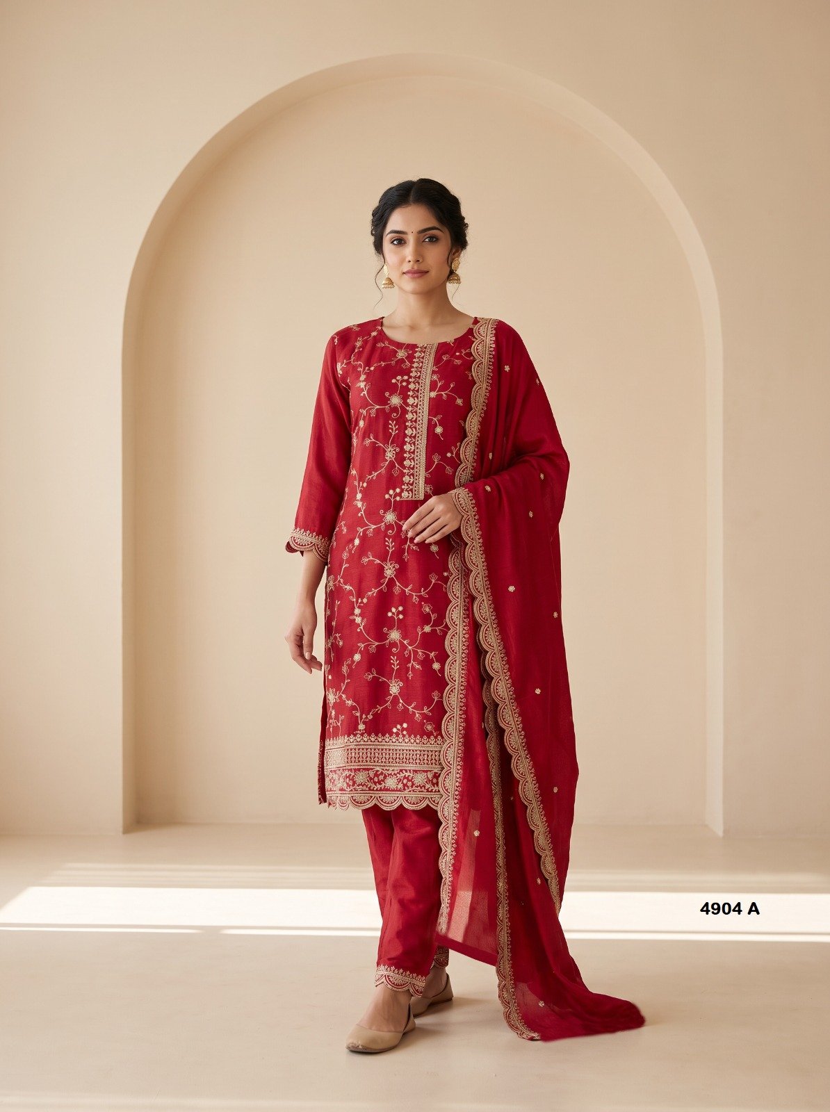 Red readymade Pakistani suit for women with Heavy Blooming Chinon Silk, sequence embroidery and dupatta