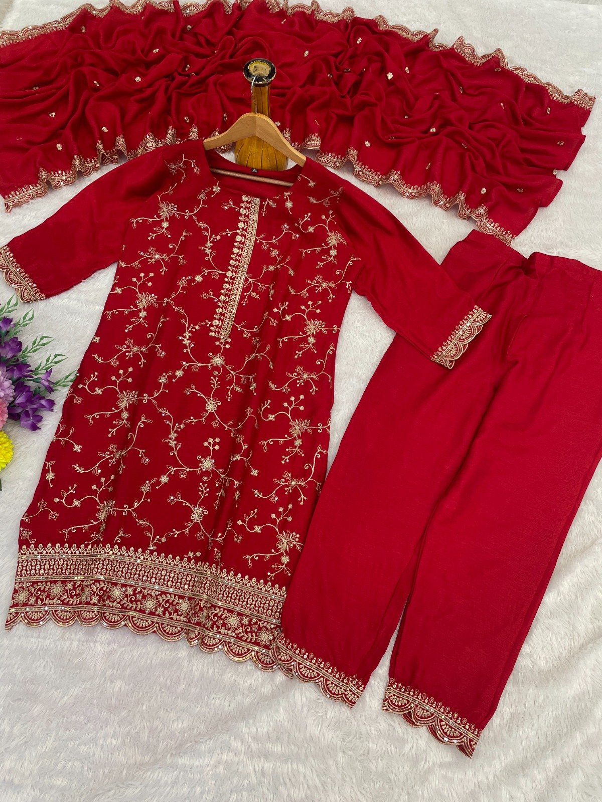 Red readymade Pakistani suit for women with Heavy Blooming Chinon Silk, sequence embroidery and dupatta